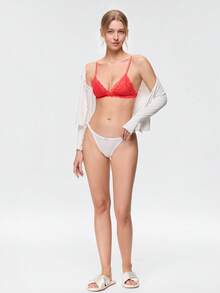 Bonmuse Lencería de novia de temporada navideña, sujetador de triángulo francés para mujer, con encaje floral, suave y sin costuras, sujetador sexy rojo para busto pequeño - Rojo - Ver 7