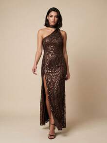 QUIZ Brown Sequin Halter Neck Draped Bodycon Maxi Dress With Side Split And Scarf Detail, One Shoulder Evening Dress, Formal Event Dress, Special Occasion Maxi Dress, Wedding Guest Dress, Party Dress For Women - Brown - View 1