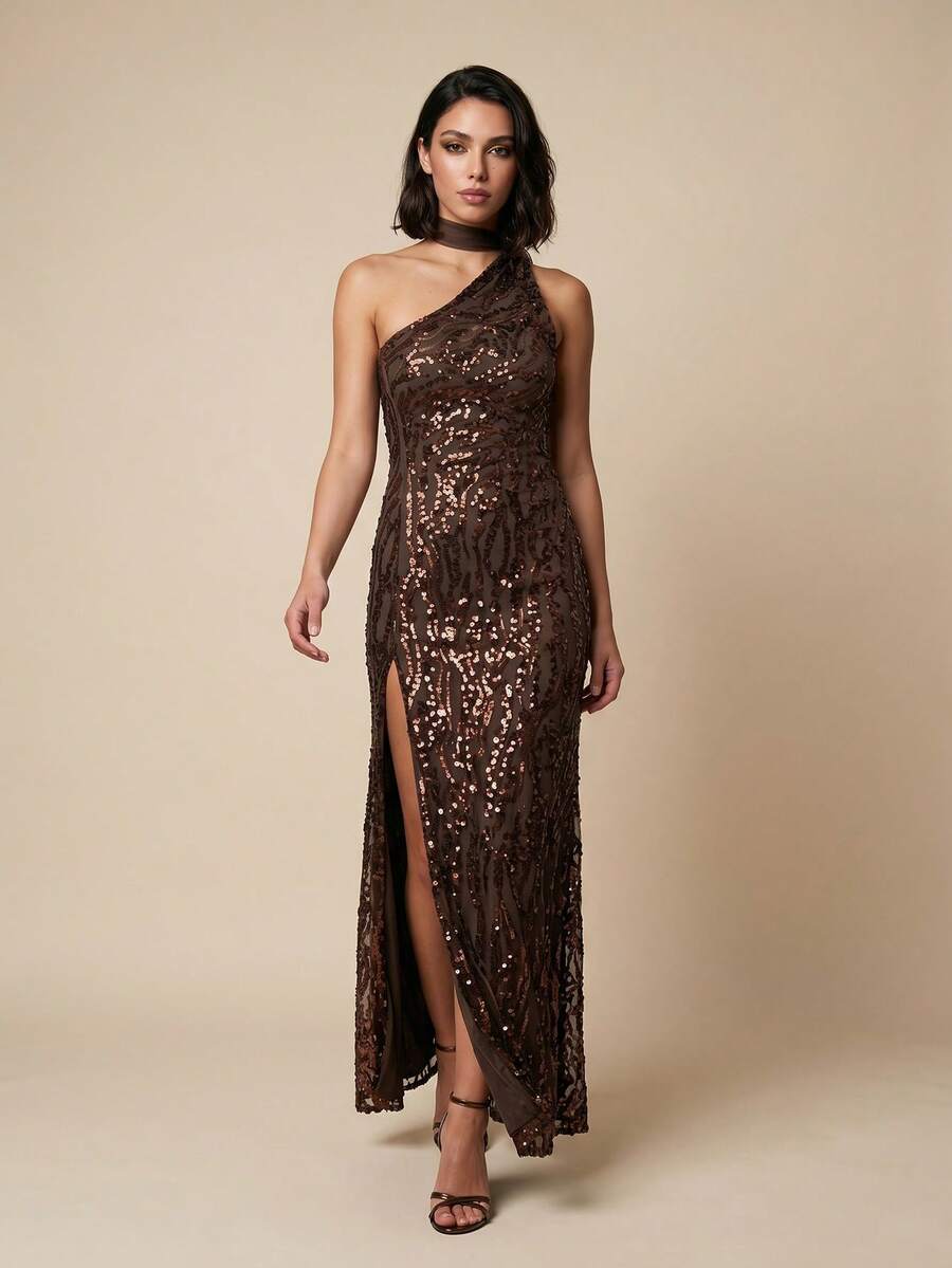 QUIZ Brown Sequin Halter Neck Draped Bodycon Maxi Dress With Side Split And Scarf Detail, One Shoulder Evening Dress, Formal Event Dress, Special Occasion Maxi Dress, Wedding Guest Dress, Party Dress For Women - Brown - View 1