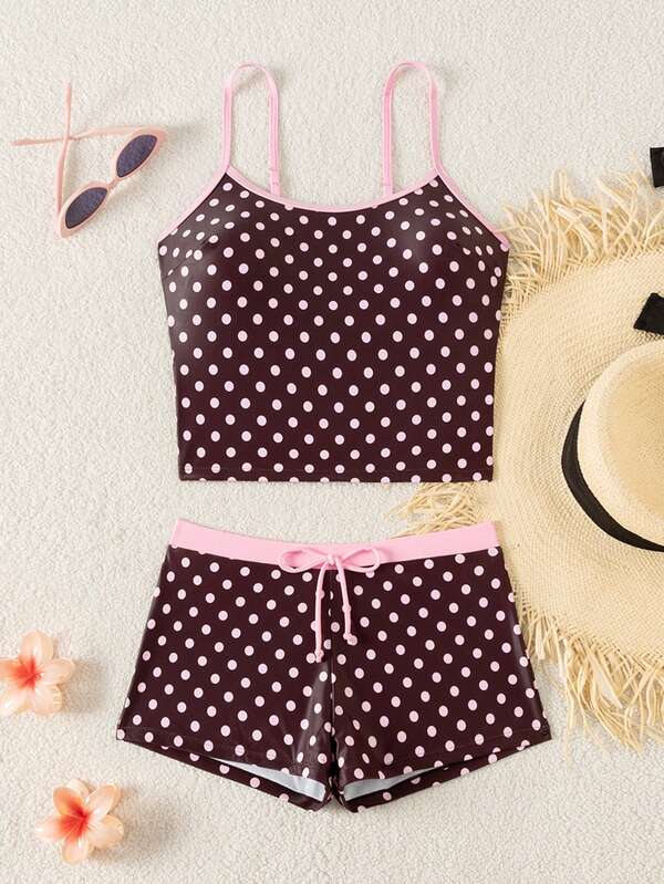 Swim Mod Setelan Baju Renang Dua Potong Wanita Terbaru Musim Semi/Panas, Motif Polkadot dengan Tali Bahu Ganda, Bikini Liburan Pantai dengan Celana Pendek Wanita
