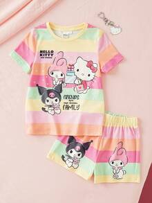 HELLO KITTY AND FRIENDS | SHEIN 女童字母卡通印花圓領短袖上衣與短褲休閒居家睡衣套裝 - 黃色 - 查看 1
