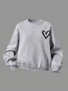 SHEIN Kids Tween Girl Casual Heart Print Knit Solid Color Loose Drop Shoulder Long Sleeve Sweatshirt & Pleated Wide Leg Sweatpants Set - Grey - View 3