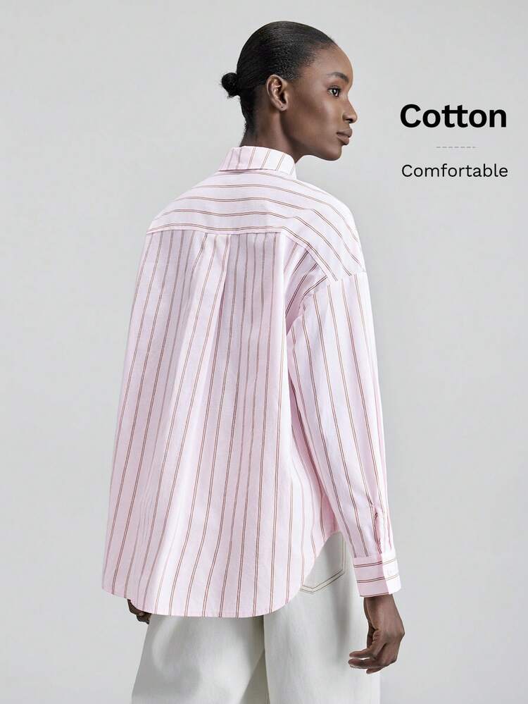 Ontre 2026 Autumn/Winter New Minimalist Fashion Elegant Modern Formal Commute Casual Long Sleeve Collared Loose Metal Button Striped Pink & Coffee Women's Shirt Versatile Slimming Heightening Elegant Daily Wear Commute Wear Office Wear Date Wear Fashion Wear Streetwear - Multicolor - View 3