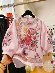 SHEIN Franclia Elegant Romantic Round Neck Printed Blouse For Women, Suitable For Travel, Vacation, Dating - Pink - View 3