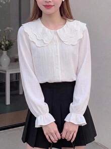 Teen Girl Girls Spring/Summer New White Collared Front Button-Down Single-Breasted All-Match Versatile Minimalist Premium Blouse Fall/Winter - White - View 5
