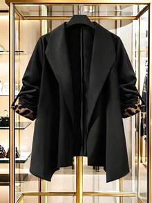 GlowEve CURVE Plus Size Women's Leopard Print Patchwork Sleeve Design Open Front Lapel Casual Trench Coat, Suitable For Commuting, Business And Daily Wear Fall - Multicolor - View 1