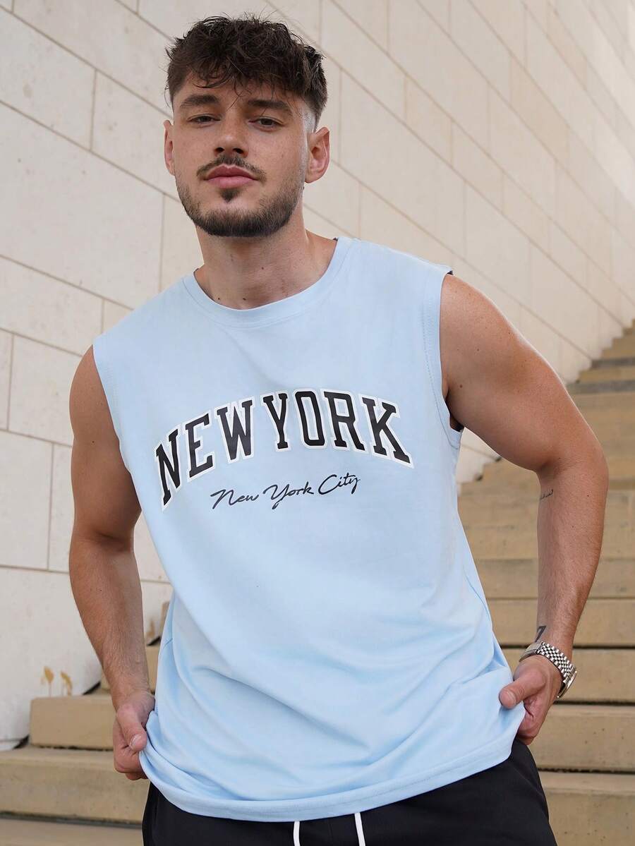 LEOGASHI Men's Casual Letter Print Wide Strap Sleeveless Top, Holiday - Blue - View 1