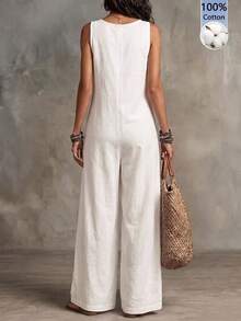 SHEIN Holidaya Jumpsuit Wanita Polos Leher V dengan Saku untuk Aktivitas Sehari-hari Kasual - Putih - View 2