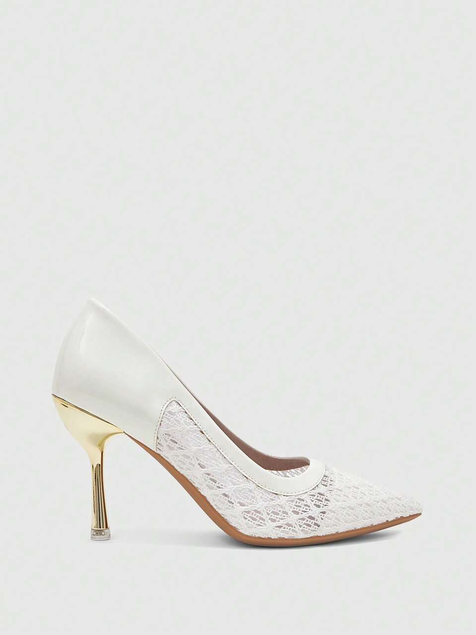 CUCCOO BIZCHIC Women's Pointed Toe Mesh Pumps, Elegant Lace & Patent Leather Splicing, Mid Heel Dress Shoes Fall Shoes