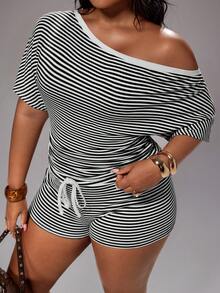 Rustia Women's Plus Size 2-Piece Set, Asymmetrical Shoulder Asymmetrical Short Sleeve T-Shirt + Striped Shorts, Elegant Cute Vacation Casual Homewear, Spring/Summer - Black and White - View 5
