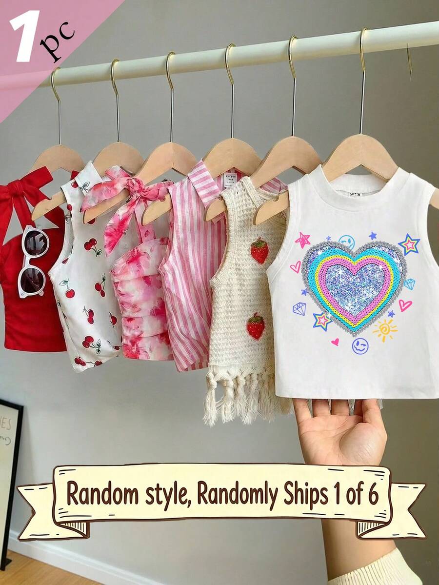 SHEIN (Acak 6 Potong, Kirim 1 Potong) Tank Top Dasar Motif Hati Berwarna-warni Bergaris Kontras Merah Muda & Putih untuk Balita Perempuan, Nyaman untuk Dipakai Sehari-hari di Musim Panas, Cocok untuk Pakaian Musim Panas Segar dan Mewah - Putih - View 1