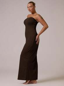 MUSERA Plus Size Fitted Strapless Maxi Dress Everyday Casual Spring Summer Vacation Holiday Essentials - Brown - View 2