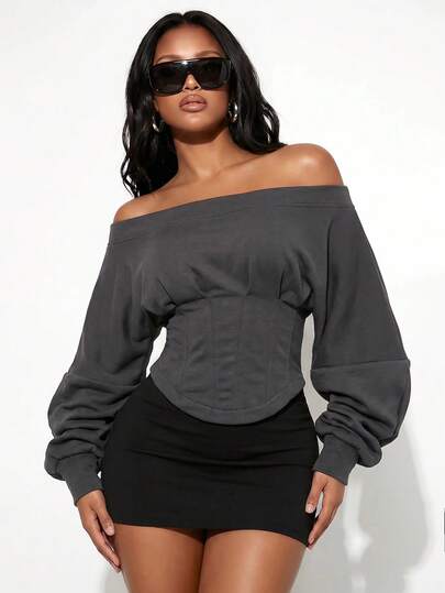 Normani Women's Solid Color Off-Shoulder Casual Versatile Daily Wear Long Sleeve Sweatshirt