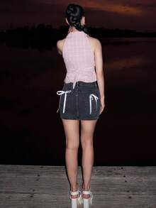 hhfernanda 女款休閒短款牛仔裙 蝴蝶結裝飾 黑色 夏季 - 黑色 - 查看 2