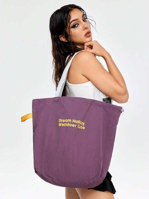 ROMWE Grunge Punk 2025 Large Capacity Drawstring Shoulder Canvas Bag, Japanese Letter Nylon Handbag Tote Bag For Commuting , Purple