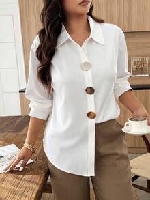 Weeklong Women's Plus Size Spring/Autumn Single Piece Stand Collar Metal Button White Shirt, Loose Drop Shoulder Style, Mature Casual Versatile Blouse Fall - White - View 4