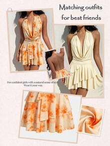 Bonvoyette Women's Solid Color Plunging Neck Backless Ruffle Hem Beach Vacation Dress - Apricot - View 7