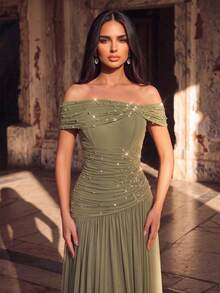 Aureia Elegant Luxurious Beaded Rhinestone Off-Shoulder Elastic Knit Mesh Ruched Full Skirt Evening Dress Suitable For Wedding Events, Bachelorette Party, Vacation, Gathering, Festival, Music Festival, Dinner Party (Heavy Workmanship Style) - Green - View 5