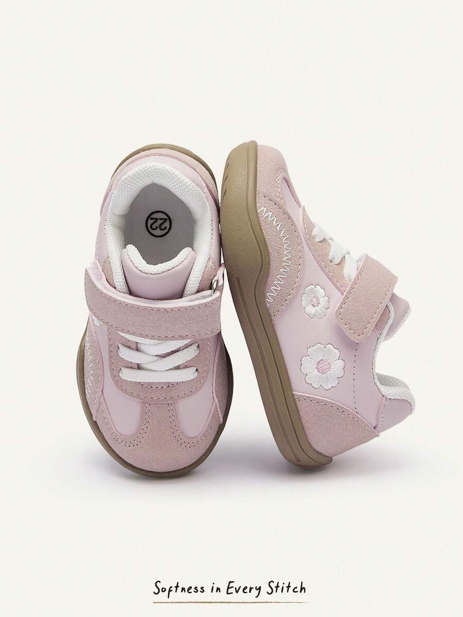 Cozy Pixies Four Seasons Simple Versatile Design Flower Embroidery Fun Pattern Comfortable Non-Slip Pastoral Soft Sole Baby Girl Flat Bottom Children's Sneakers - Pink - View 1