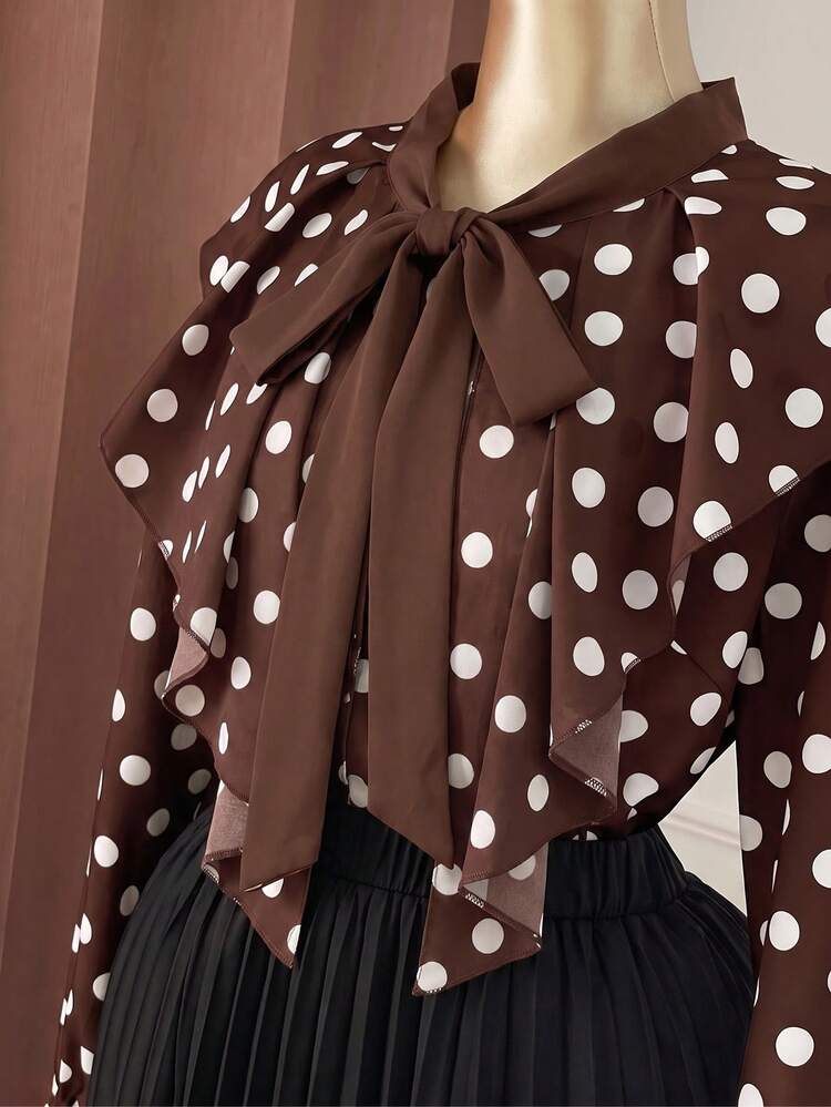 Rometta Plus Size Women's Autumn/Winter French Polka Dot Blouse, Design-Focused Niche Ruffle Trim Fitted Sweet Ribbon Top, Youthful Style Fall - Brown - View 3