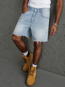 GALLERY FADE Men's Casual Daily Denim Shorts With Pocket, Button And Distressed Design - Blue - View 5