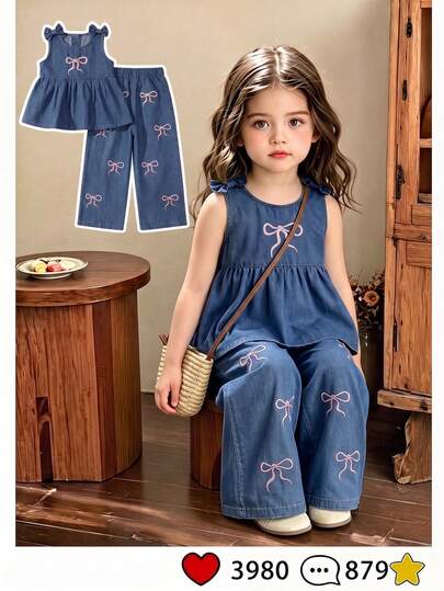 SHEIN Girls' Denim Outfit Casual Cute Style Vintage Washed Deep Blue Pink Bow Embroidery Suspender Top Elastic Waist Loose Pants 2-Piece Set Back-To-School