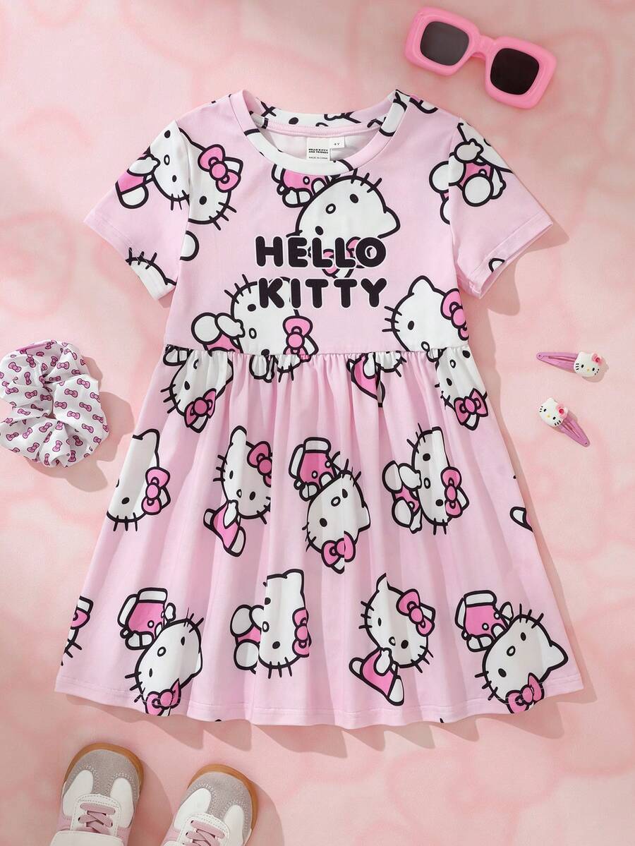HELLO KITTY AND FRIENDS | SHEIN Gaun Kasual Lengan Pendek Leher Bulat Motif Kartun untuk Anak Perempuan - Berwarna merah muda - View 1