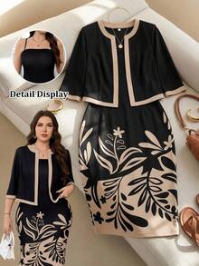 SHEIN Clasi Bộ 2 món váy và áo khoác size lớn phong cách tối giản thanh lịch họa tiết cây nhiệt đới cho mùa thu - Màu Khaki - Xem 9