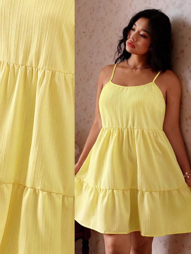 CovetEZ Yellow Spring/Summer New Solid Color Jacquard Striped Casual Vacation Plus Size Dress - Yellow - View 8