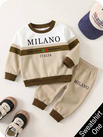 Young Boy Long Sleeve Crew Neck Sweatshirt, Classic Retro Color Block Pattern Print, Milan Text Graphic Print, Suitable For Autumn/Winter