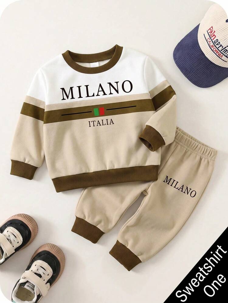Young Boy Long Sleeve Crew Neck Sweatshirt, Classic Retro Color Block Pattern Print, Milan Text Graphic Print, Suitable For Autumn/Winter - Multicolor - View 1