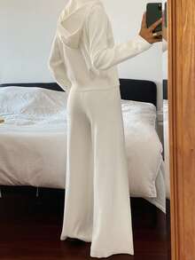 DAZY Women's 2pcs Set Colorblock Embroidered Hooded Cardigan Sweater & Straight Leg Pants Casual Vacation Elegant Spring Autumn Outfit - White - View 2