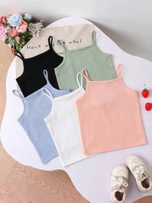 SHEIN 年輕女孩5入組肋紋針織背心上衣 - 彩色 - 查看 1