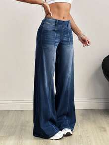 Flexra Plus Size Fashion Mid-Blue Denim Washed Wide Leg Pants - Dark Wash - View 3