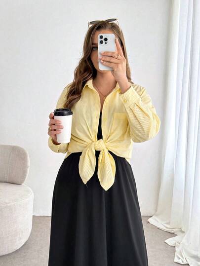 Shapeblank Plus Size Women's Spring/Autumn Fashion Casual Loose Comfortable Daily Basic Versatile Slimming Light Yellow Striped Button-Up Shirt And Black Spaghetti Strap Long Dress 2-Piece Set, Autumn Outfit, Going Out Wear, Minimalist Style, Airport Outfit