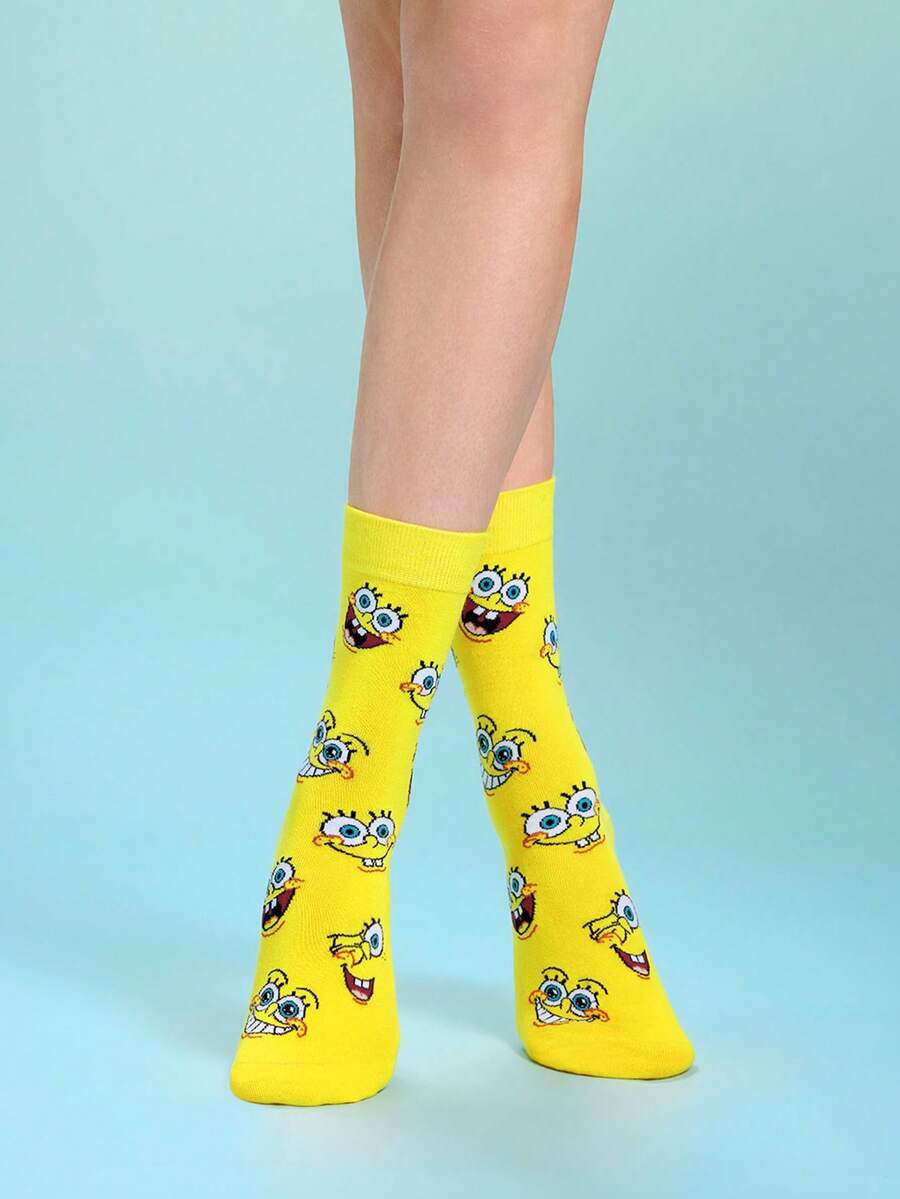 SpongeBob SquarePants | SHEIN 1雙女款卡通角色與字母圖案拼色中筒襪 - 黃色 - 查看 1