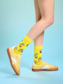 SpongeBob SquarePants | SHEIN 1雙女款卡通角色與字母圖案拼色中筒襪 - 黃色 - 查看 4