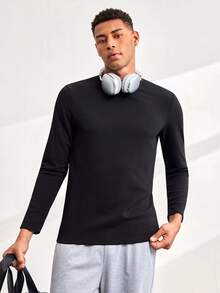 Driftmere Men's Simple Fashionable Ribbed Texture Pullover Long Sleeve Tee, For Fall - Black - View 1