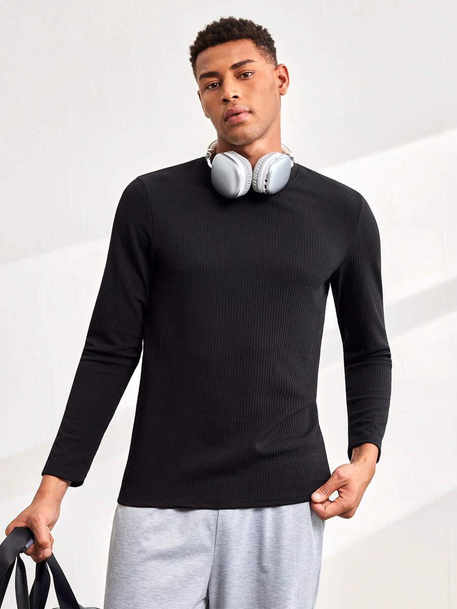 Driftmere Men's Simple Fashionable Ribbed Texture Pullover Long Sleeve Tee, For Fall - Black - View 1
