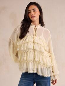 Enchnt Women's Solid Color Frill Trim Tie Neck Long Sleeve Multi-Layer Ruffle Elegant Blouse - Apricot - View 7