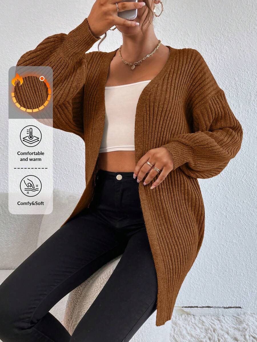 EURMUSE Plain Solid Color Dropped Shoulder Cardigan, Casual & Versatile, Autumn/Winter,Cardigans For Women,Long Cardigans Woman,Petite Cardigans,Cardigans - Brown - View 1