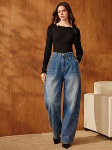 Anewsta Women's Fashion New Sparkling Rhinestone Embellished Vacation Light Blue Jeans Flared Pants Going Out Night Out Party Summer 90s Streetwear - Blue - View 4