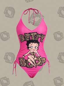 Betty Boop x SHEIN 豹紋字母卡通連身泳衣 - 粉色 - 查看 1