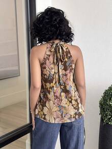 Alexandranx 女士夏季吊带褶皱碎花上衣，蝴蝶结吊带露背沙滩度假上衣。适合日常穿着、外出、海滩旅行、夏季假期。 - 彩色 - 查看 2