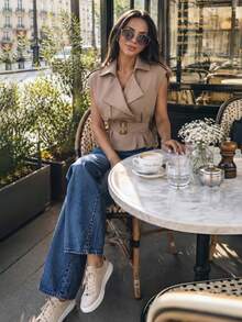Alya Khalil 卡其色翻领系带长款风衣，复古外套，冬季外套，节日装 - 卡其色 - 查看 2