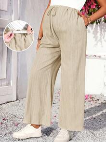 SHEIN Maternity Solid Color Waist Tie Wide Leg Loose Fit Long Pants Fall - Apricot - View 6