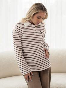 Ximena Robles Ximena Robles Striped Long Sleeve Casual T-Shirt For Women, Autumn Long Sleeve Summer Top Brown - Brown - View 5