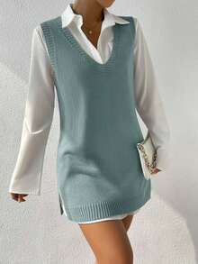 EURMUSE V-Neck Solid Color Casual Versatile Ribbed Knit Sweater Vest - Green - View 4