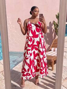 SHEIN Lady CURVE 大尺碼女款全印花休閒日常夏季旅行細肩帶洋裝 - 紅白色 - 查看 6