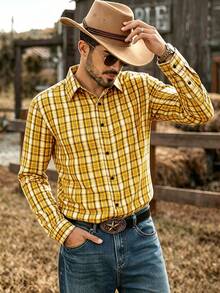 DREXORIN Men's Street Fashion Plaid Single-Breasted Long Sleeve Shirt - Yellow - View 8